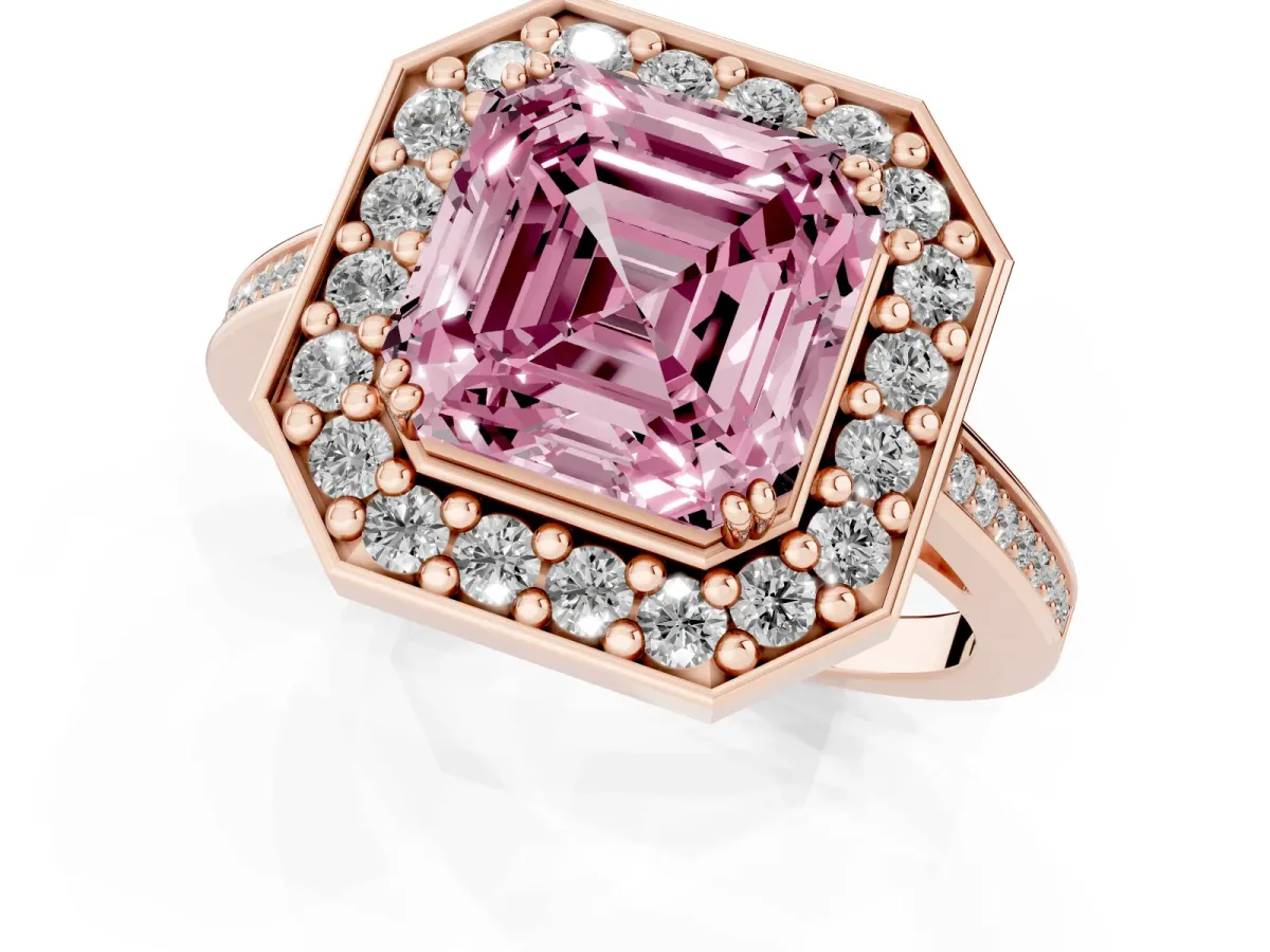 Fancy Pink Asscher Cut Diamond Halo Ring with Split Shank and Four-Prong Setting Rose gold