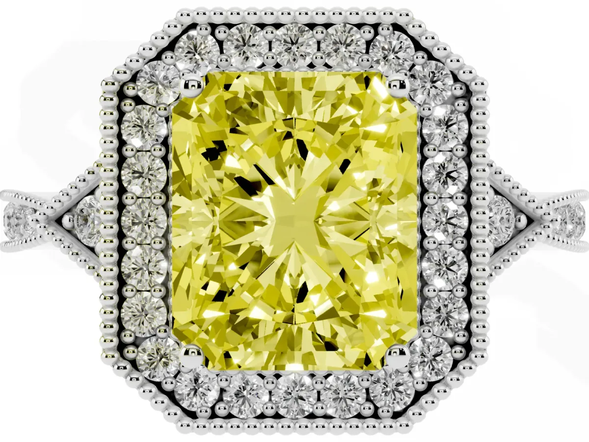 Fancy Yellow Radiant Cut Halo Round Diamond Milgrain Pave Engagement Ring Platinum
