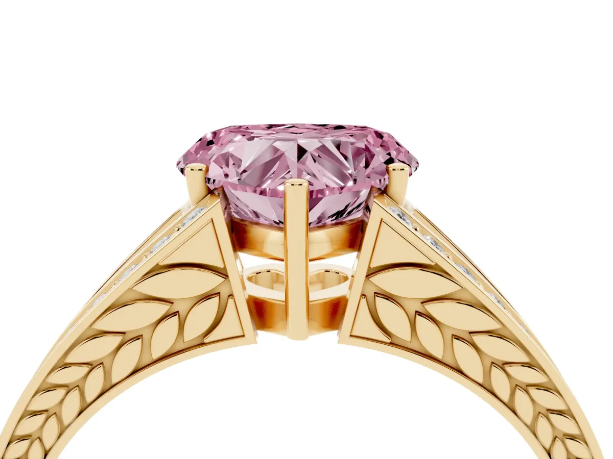 Fancy Pink Heart Cut Diamond Split Shank Ring with Pavé Band and Four-Prong Setting Yellow gold