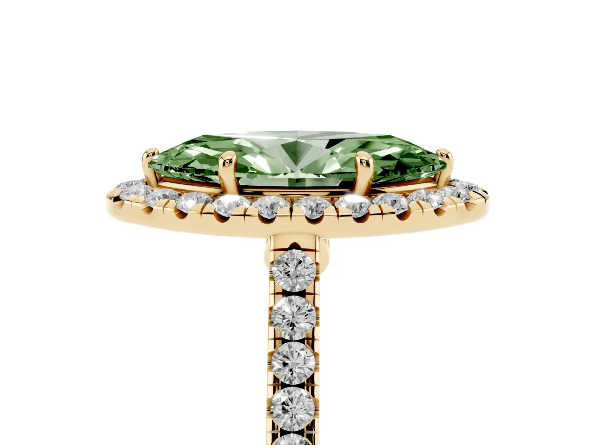 Fancy Green Marquise Cut Halo Pave Diamond Engagement Ring with Four-Prong Setting Yellow gold