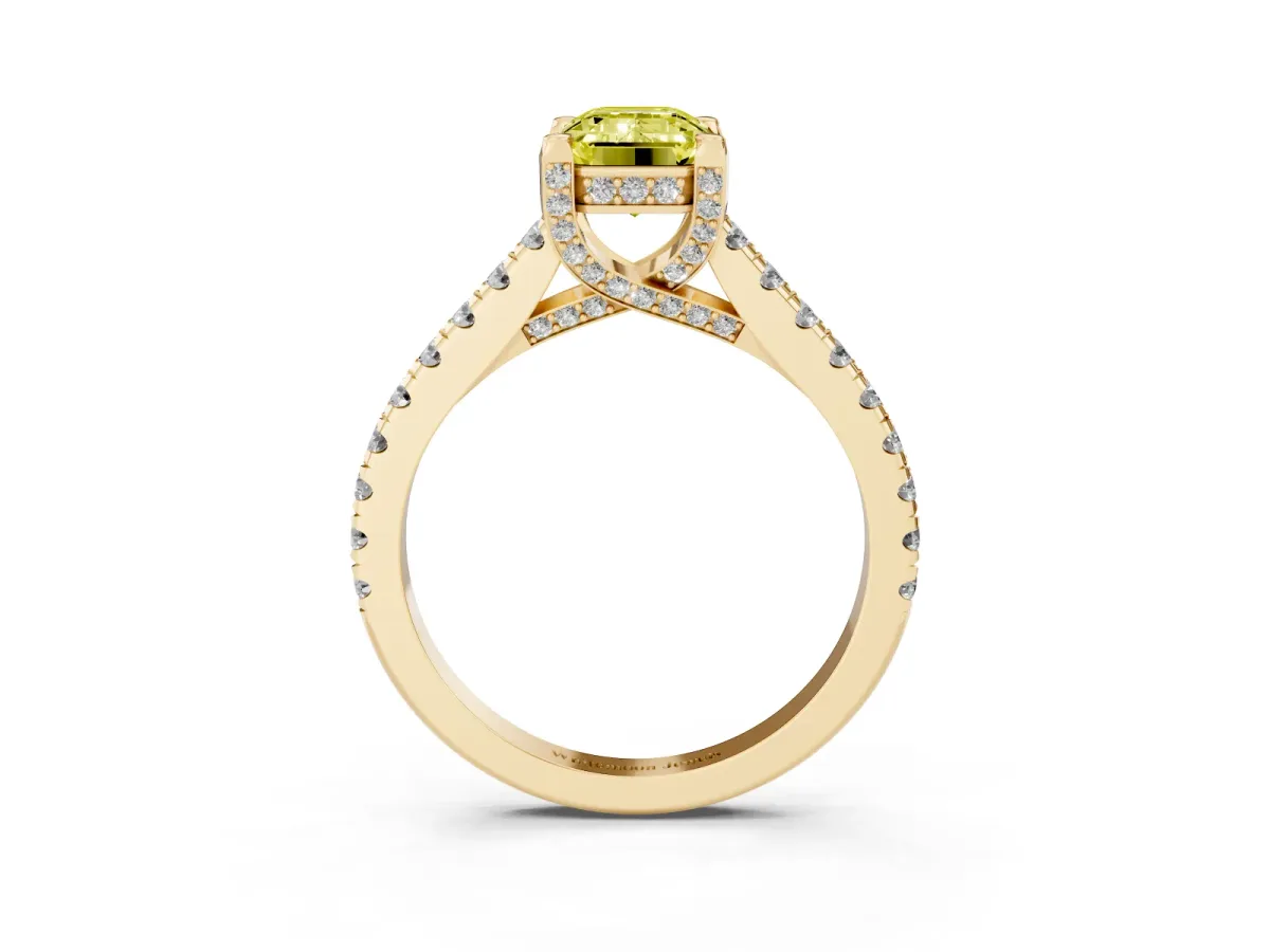 Fancy Yellow Emerald Cut Brilliant Diamond Solitaire with Pavé Band and Four-Prong Setting Yellow gold