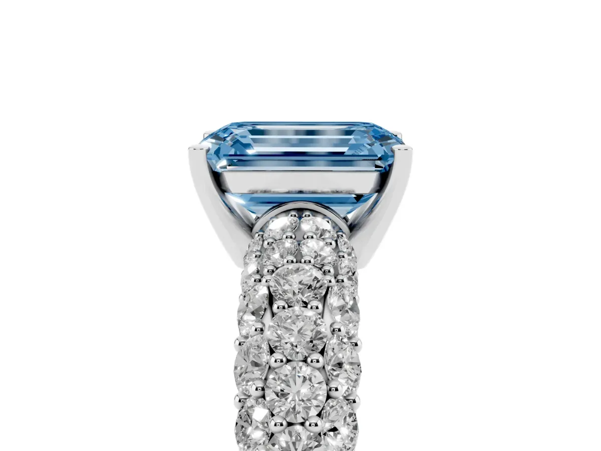 Fancy Blue Emerald Cut Diamond Pavé Band Solitaire Ring with Four-Prong Setting Silver