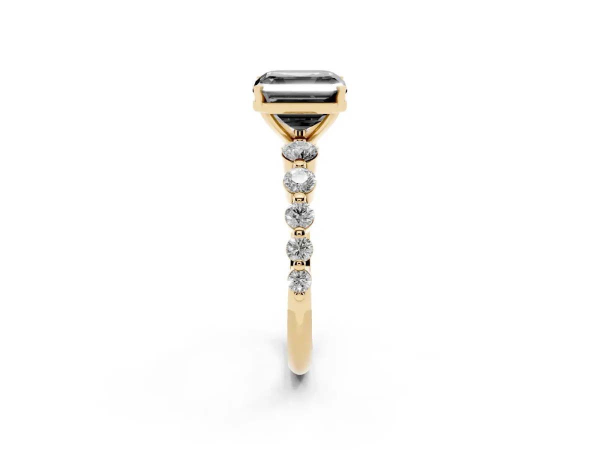 Fancy Black Asscher Cut Solitaire Diamond Ring with Pave Band and Four-Prong Setting Yellow gold