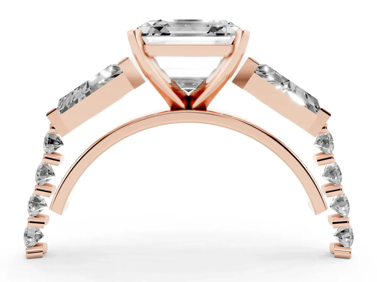 Asscher Cut Diamond Engagement Ring with Baguette Side Stones and Channel Set Band Rose gold