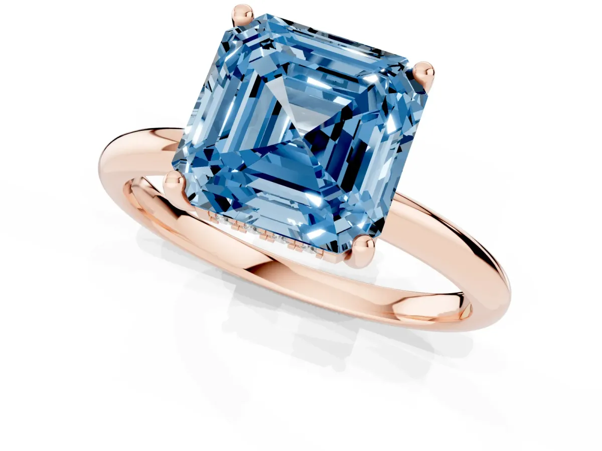 Fancy Blue Asscher Cut Cut Solitaire Engagement Ring with Four-Prong Setting and Classic Band Rose gold