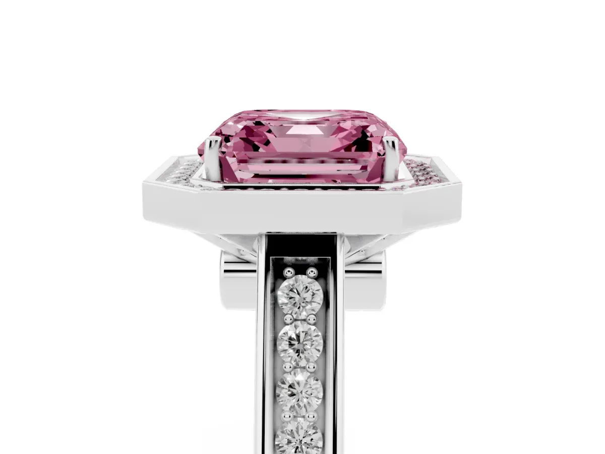 Fancy Pink Asscher Cut Halo Solitaire Diamond Ring with Pave Band and Bezel Setting Silver