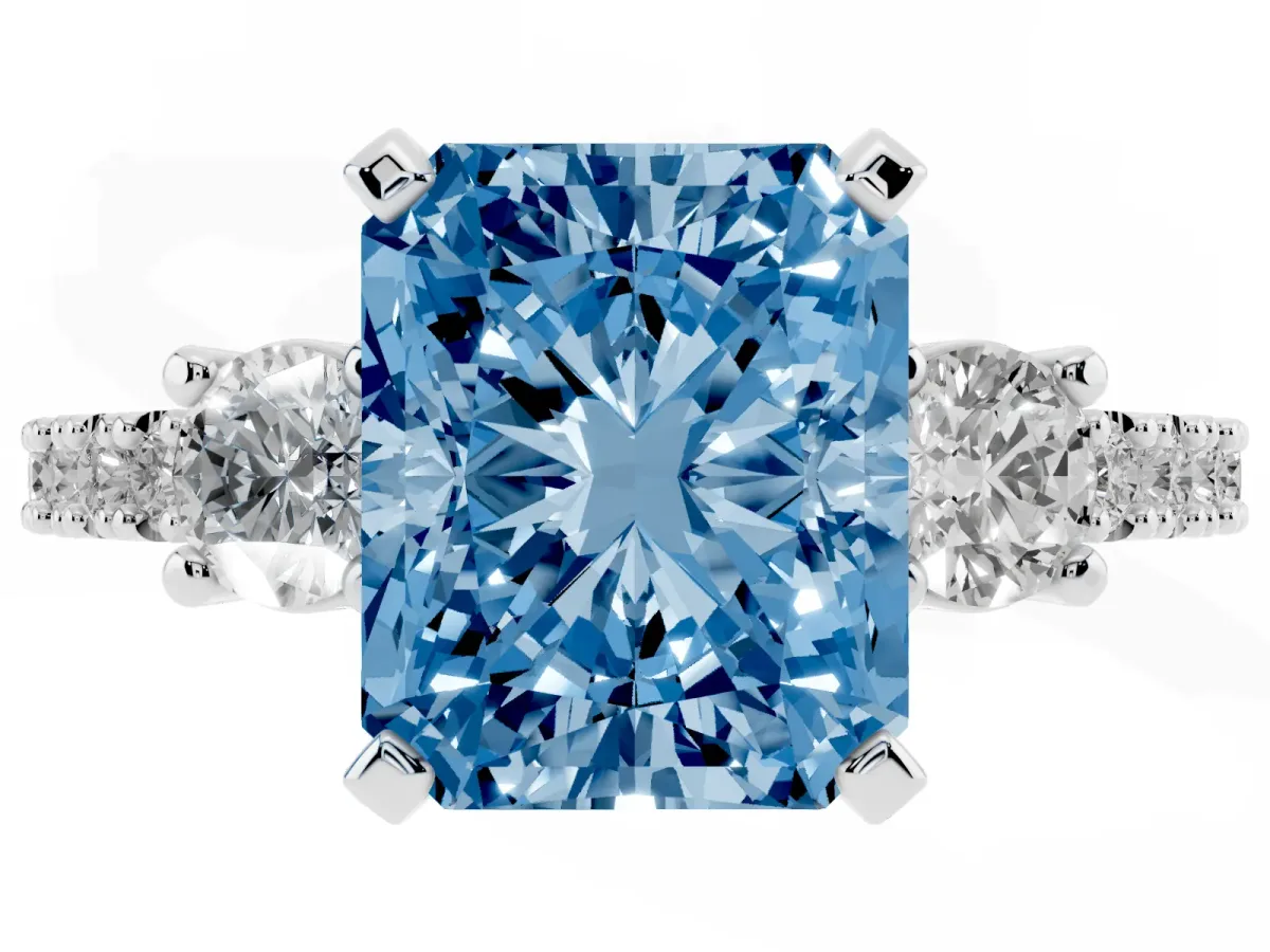 Fancy Blue Radiant Cut Three-Stone Diamond Pavé Band with Prong Setting Silver