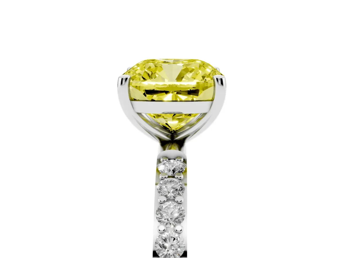 Fancy Yellow Cushion Cut Diamond Solitaire Ring with Round Pavé Shoulders and Prong Setting Silver