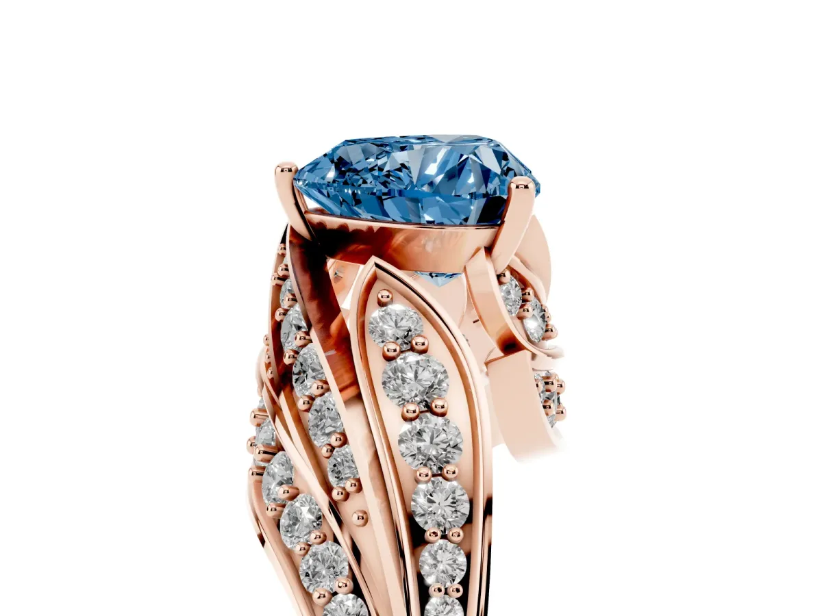 Fancy Blue Heart Cut Diamond Solitaire Ring with Prong Setting and Twisted Pavé Band Rose gold
