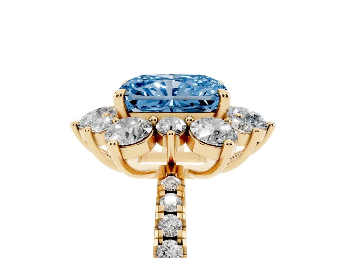 Fancy Blue Radiant Cut Diamond Floral Halo Ring with Round Pavé Band and Prong Setting Yellow gold