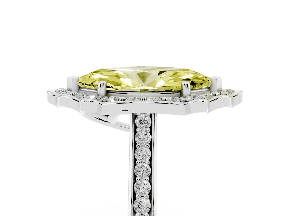 Fancy Yellow Marquise Cut Halo Round Diamond Pave Band with Four-Prong Setting Platinum