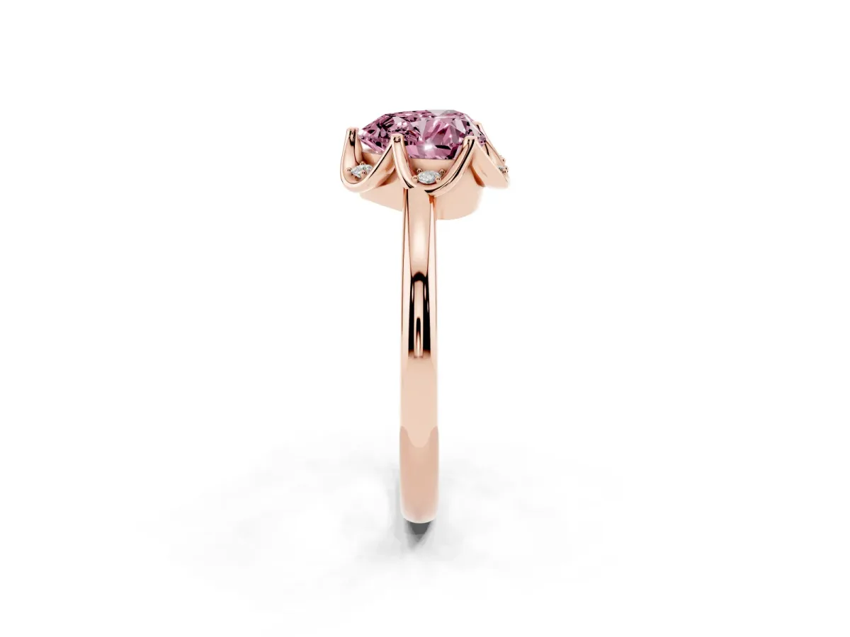 Fancy Pink Heart Cut Halo Diamond Ring with Round Cluster Setting, Solitaire Band, and Four-Prong Setting Rose gold