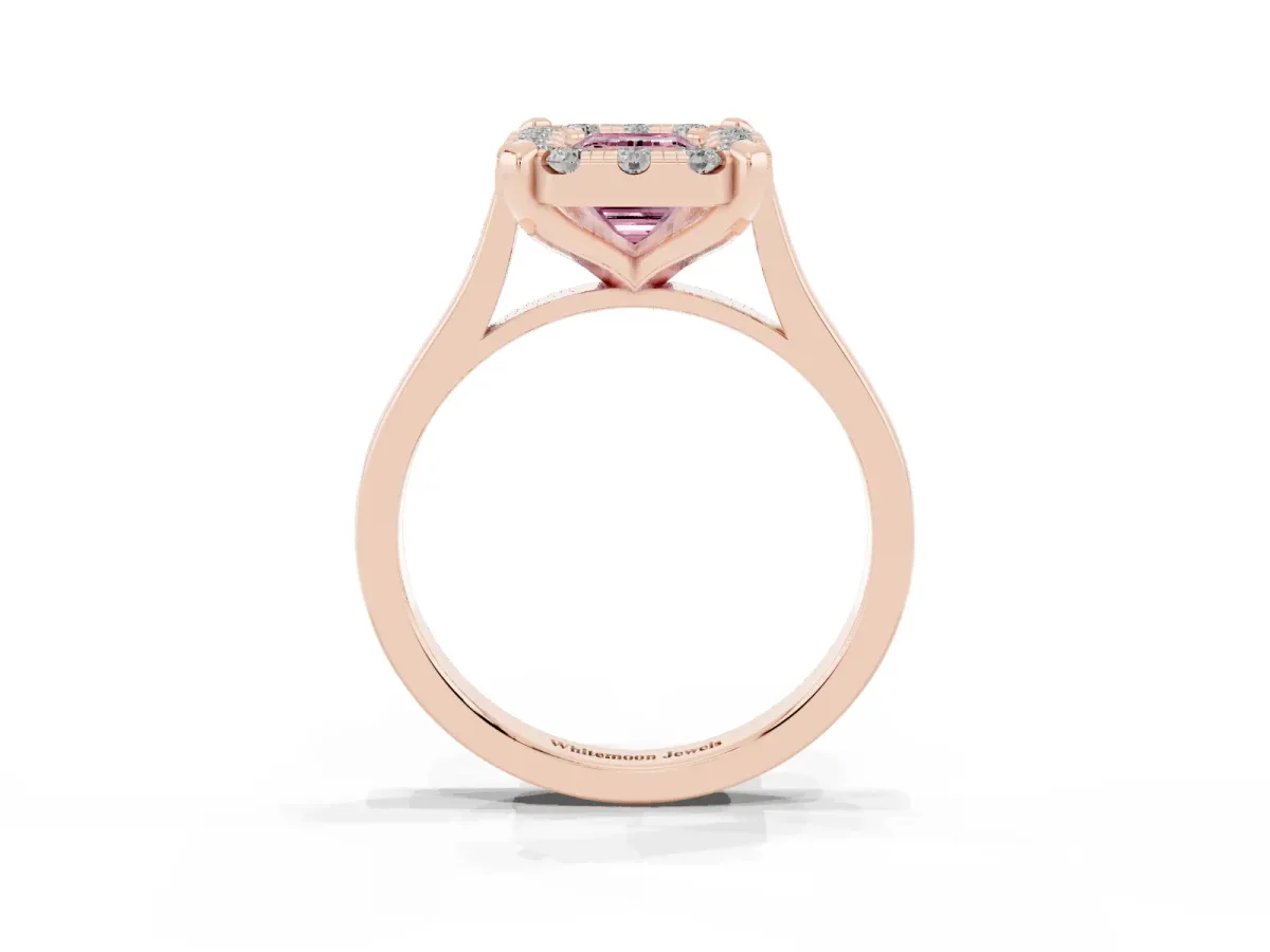 Fancy Pink Emerald Cut Diamond Cluster Halo Solitaire with Four-Prong Setting Rose gold