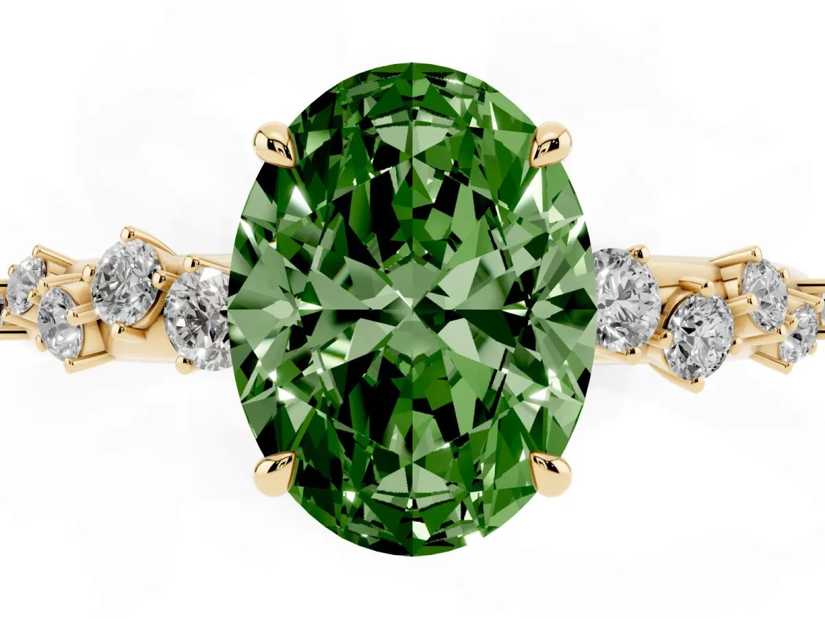 Fancy Green Oval Cut Diamond Cluster Prong-Set Solitaire Ring Yellow gold
