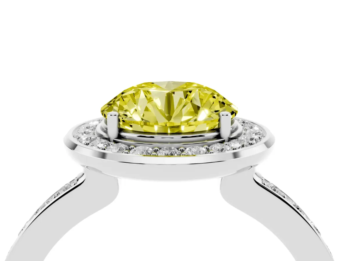 Fancy Yellow Round Cut Diamond Halo Ring with Bezel Frame and Pavé Band Silver
