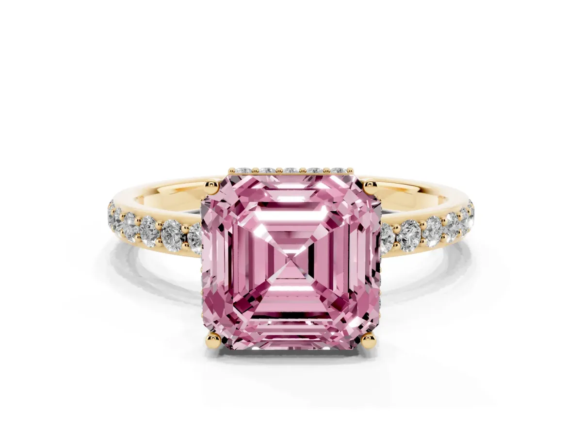 Fancy Pink Asscher Cut Diamond Solitaire Ring with Pavé Band and Hidden Halo Yellow gold