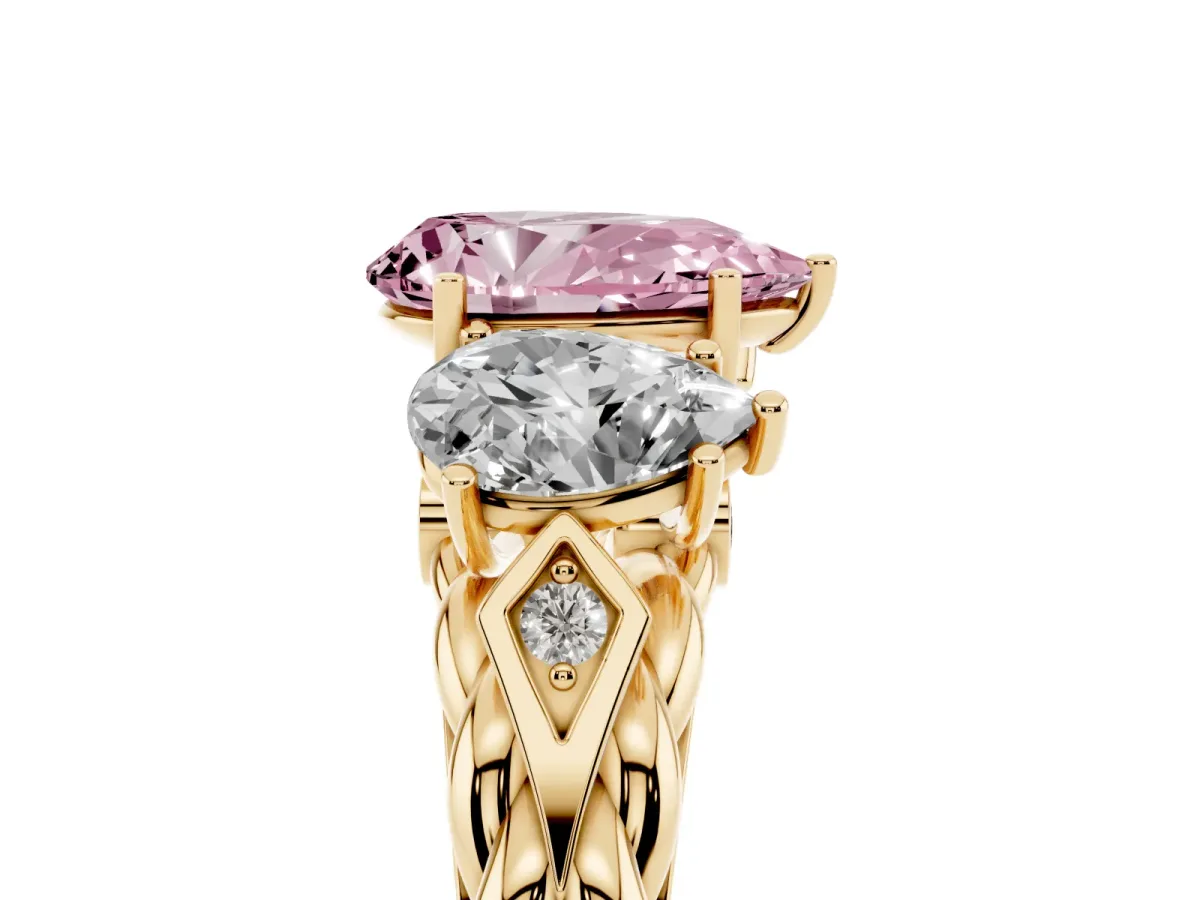 Fancy Pink Three-Stone Pear Cut Diamond Braided Band Ring with Four-Prong Setting Yellow gold