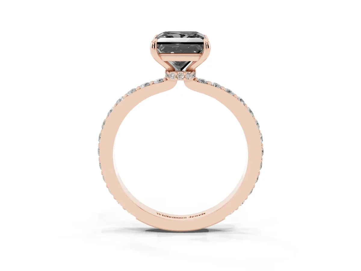 Fancy Black Princess Cut Diamond Pavé Engagement Ring with Round Accents and Prong Setting Rose gold
