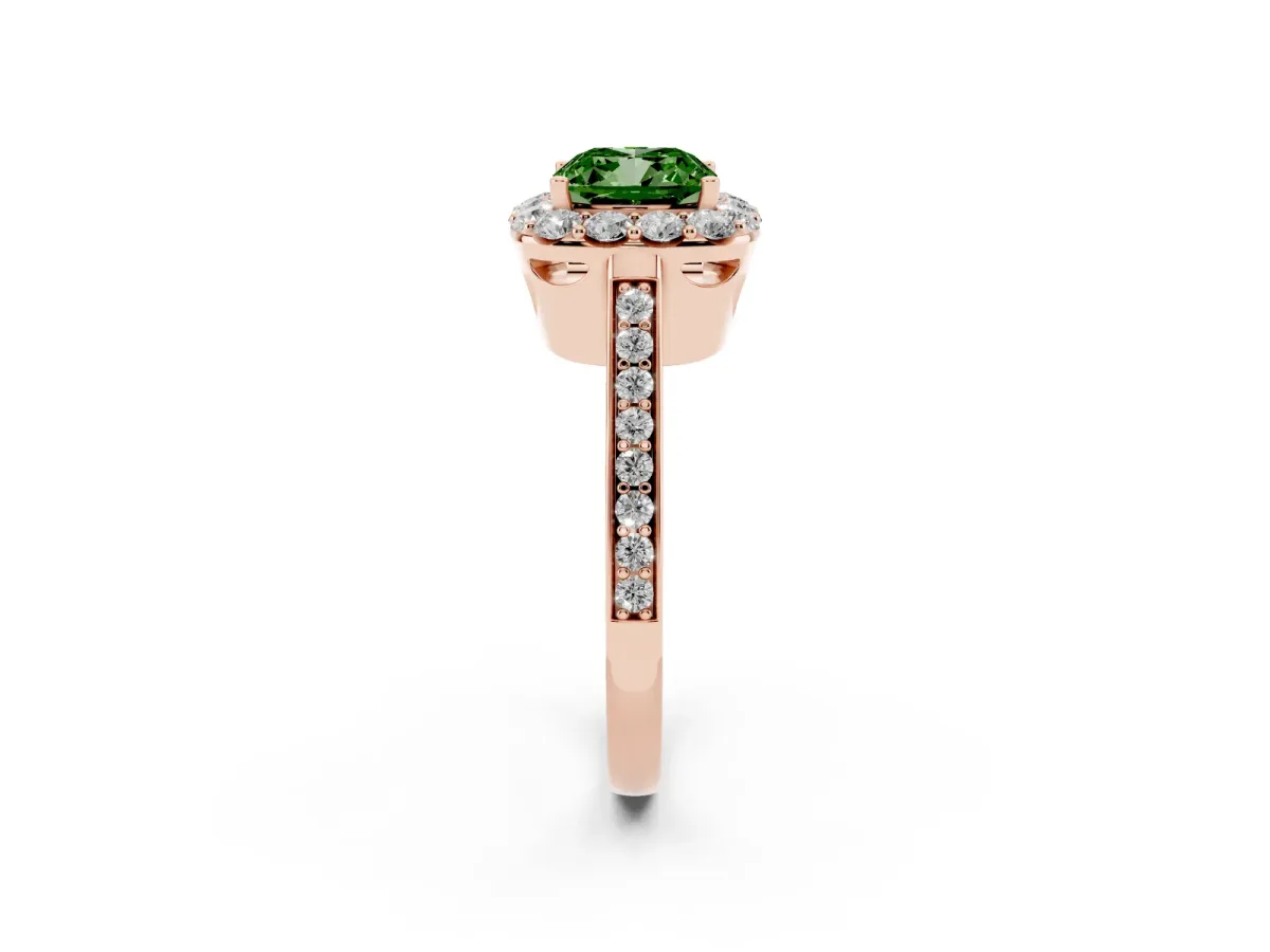 Fancy Green Cushion Cut Diamond Floral Halo Ring with Pavé Band and Prong Setting Rose gold
