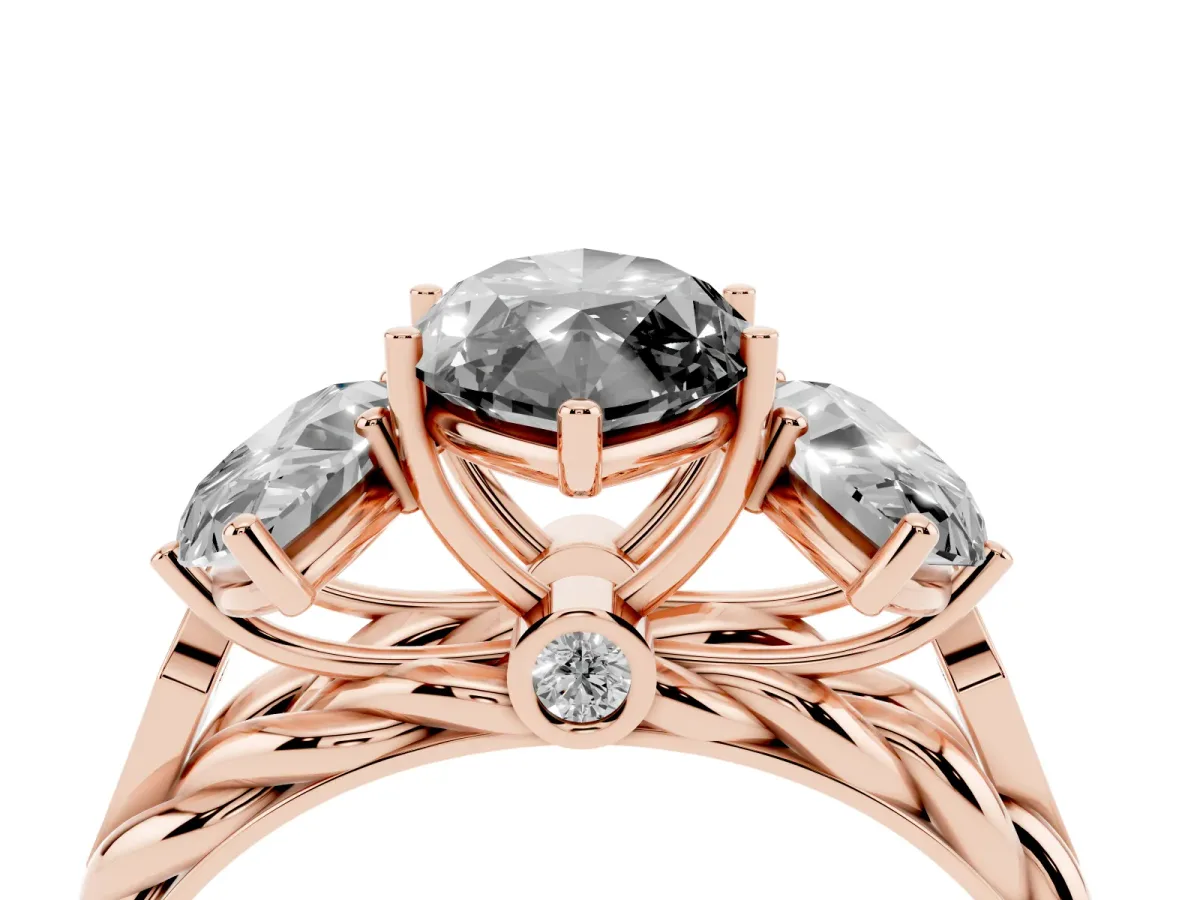 Fancy Black Three-Stone Marquise Cut Diamond Braided Band Ring with Four-Prong Setting Rose gold