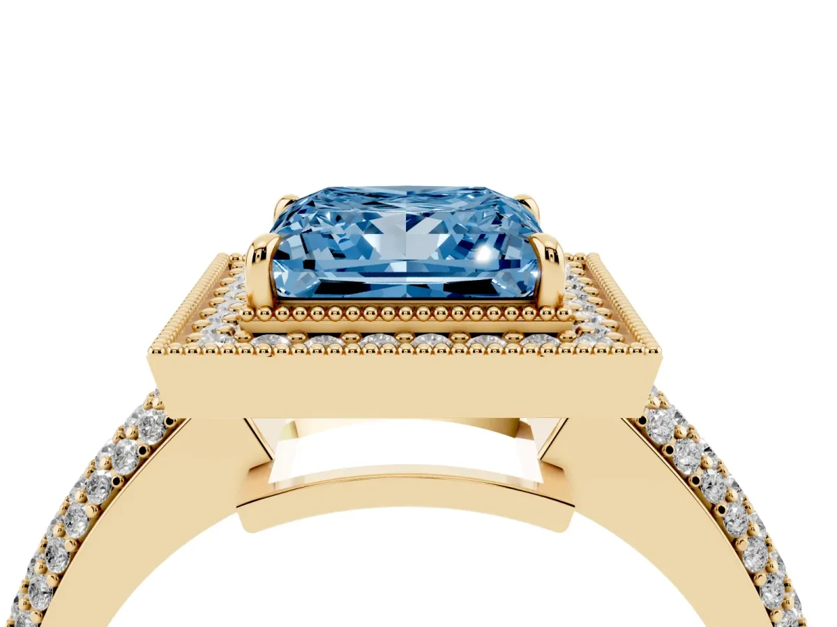 Fancy Blue Princess Cut Cut Halo Diamond Pave Band with Four-Prong Setting Yellow gold