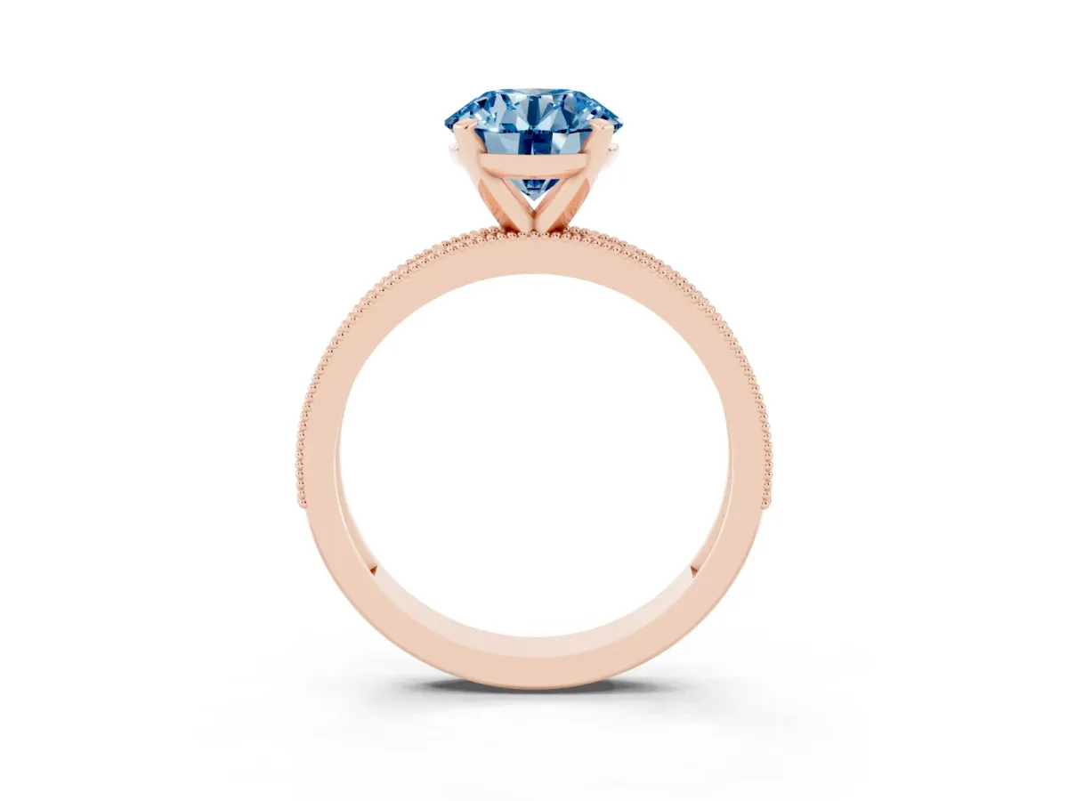 Fancy Blue Round Cut Diamond Milgrain Pavé Engagement Ring with Four-Prong Setting Rose gold