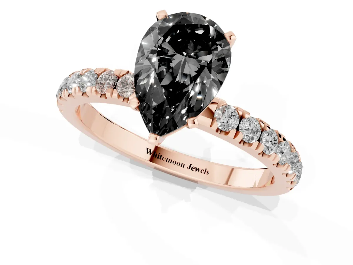 Fancy Black Pear Cut Diamond Solitaire Ring with Pavé Accents and Four-Prong Setting Rose gold