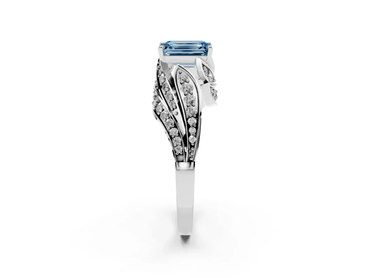 Fancy Blue Emerald Cut Diamond Solitaire Ring with Prong Setting and Twisted Pavé Band Platinum