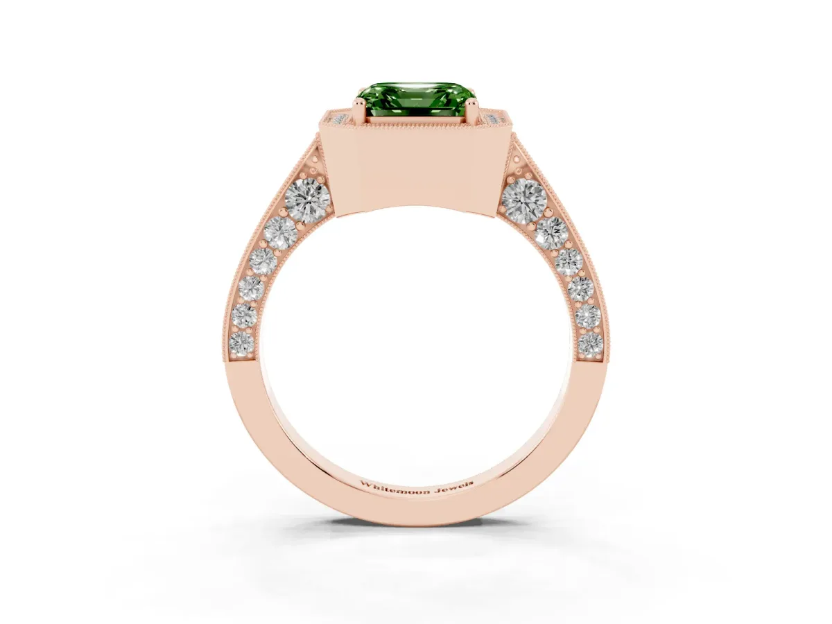 Fancy Green Asscher Cut Halo Diamond Engagement Ring with Split Shank Band and Four-Prong Setting Rose gold