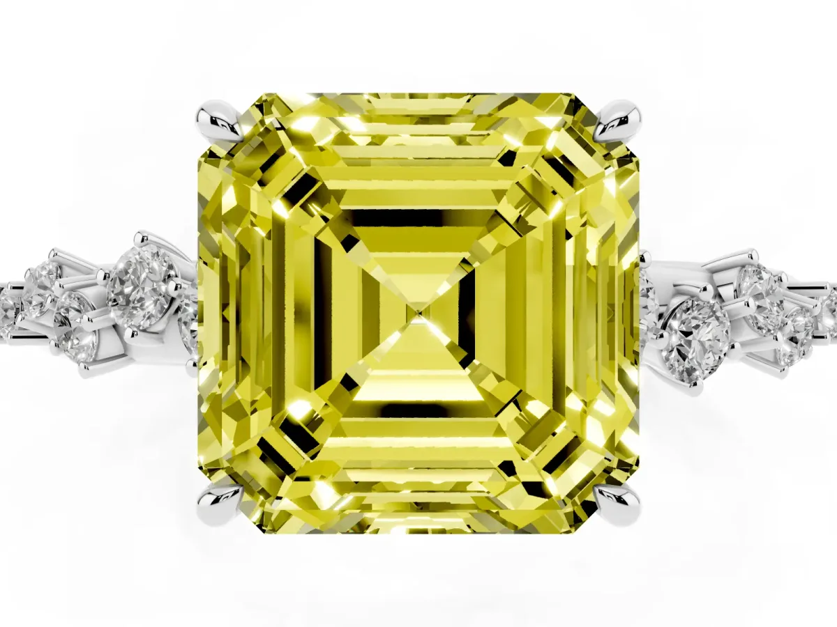 Fancy Yellow Asscher Cut Diamond Cluster Side Stone Solitaire Ring with Prong Setting Platinum