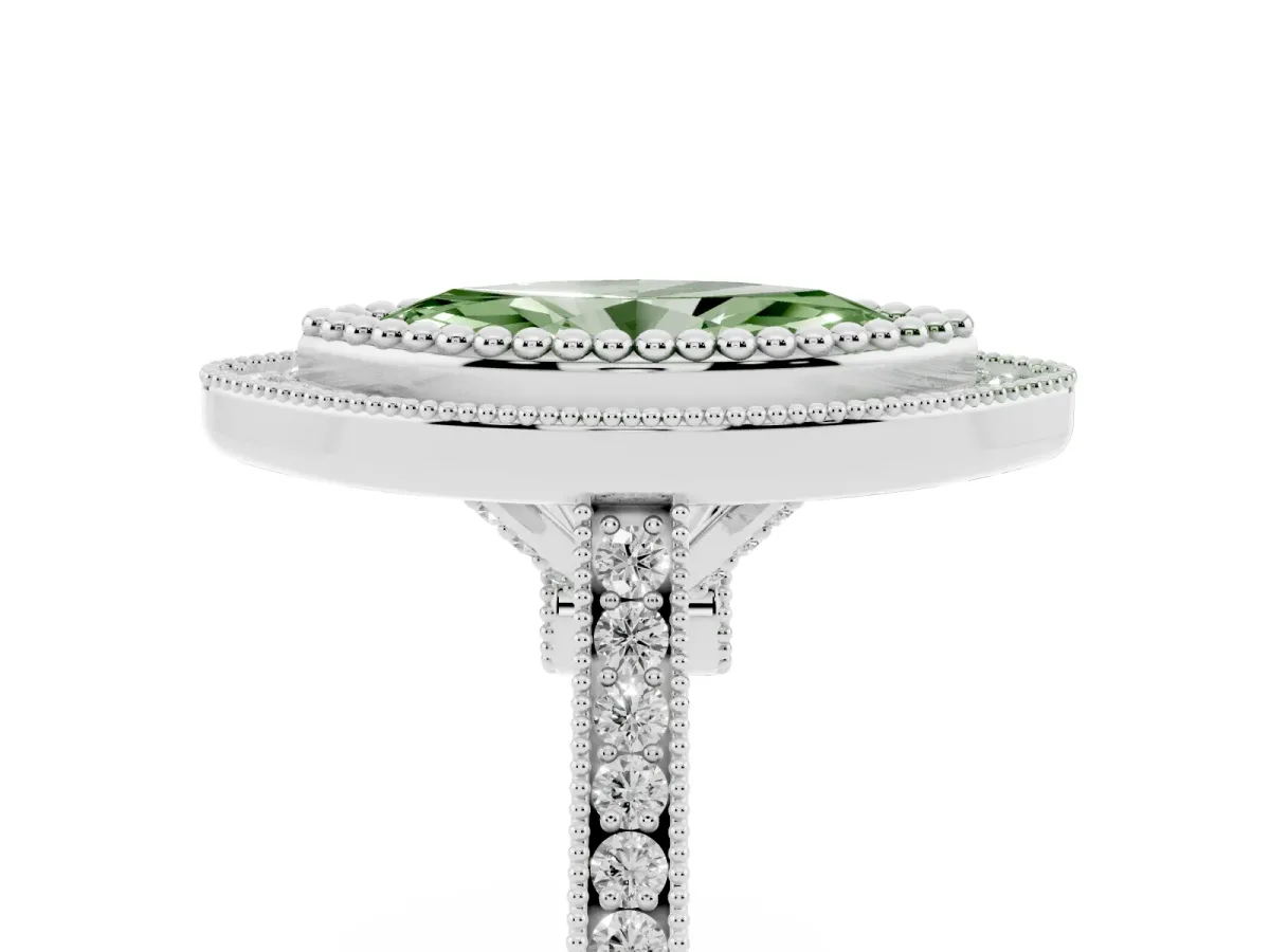Fancy Green Marquise Cut Diamond Halo Ring with Milgrain Frame and Pavé Band Silver