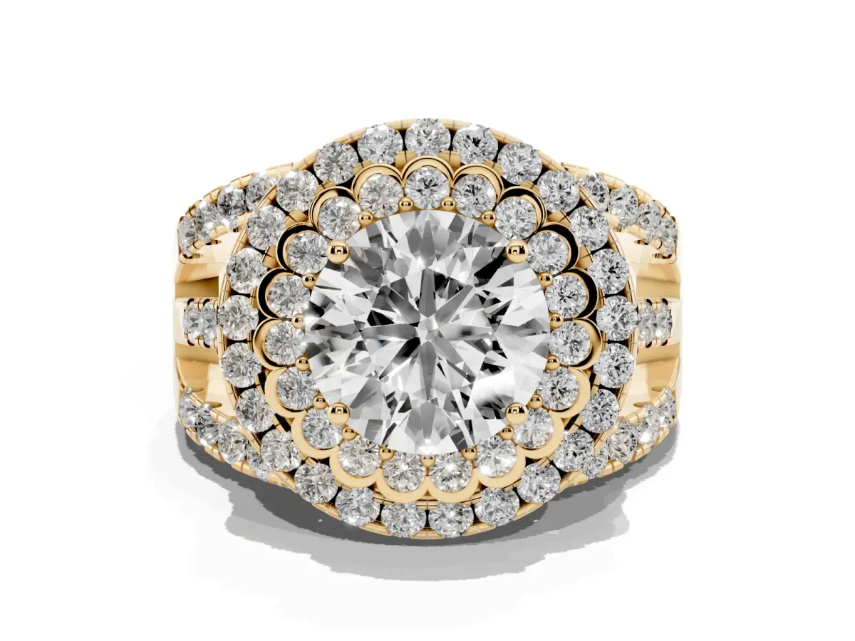Round Cut Diamond Double Halo Ring with Round Pavé Split Shank and Prong Setting Yellow gold