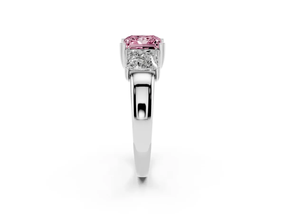 Fancy Pink Three-Stone Princess Cut Cut Diamond Ring with Channel Set Band and Four-Prong Setting Silver