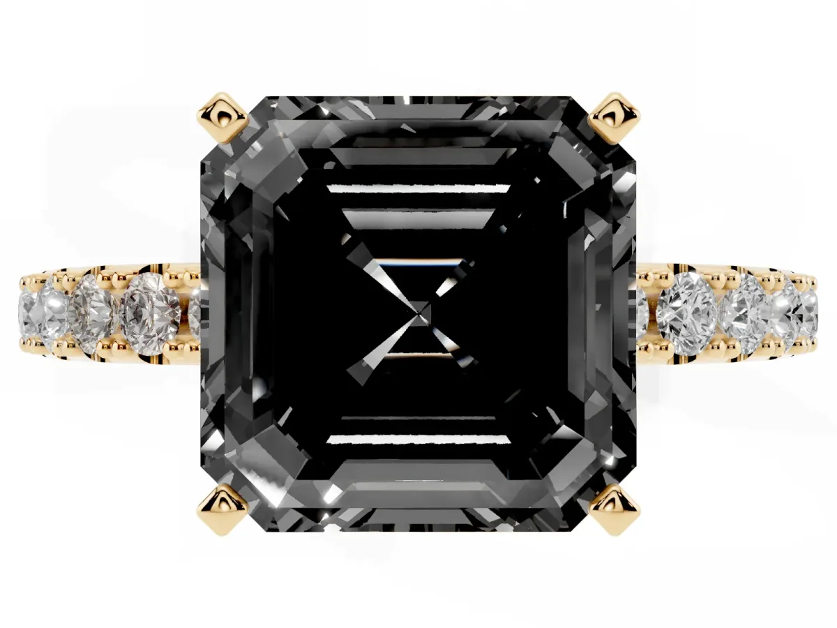 Fancy Black Asscher Cut Diamond Solitaire Pavé Band with Four-Prong Setting Yellow gold