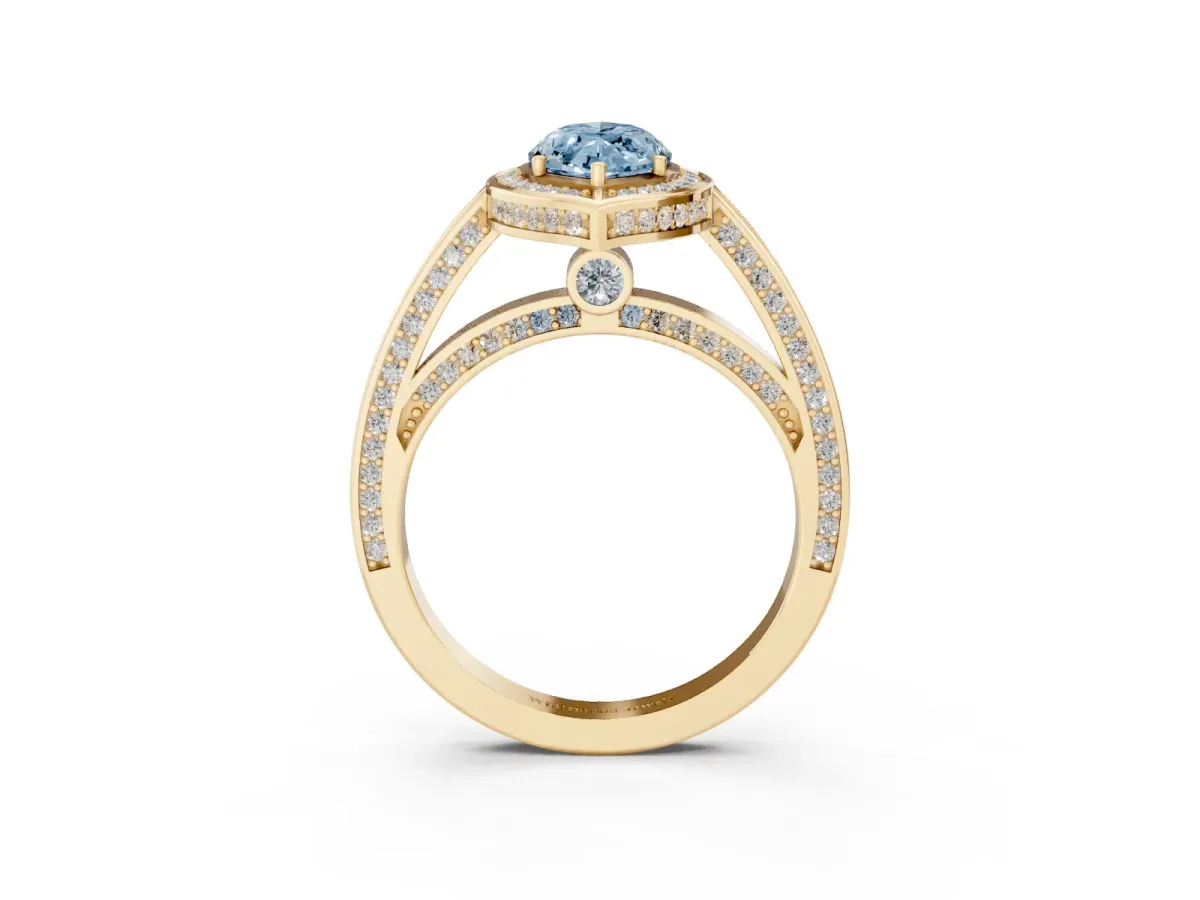 Fancy Blue Marquise Cut Cut Halo Pave Split Shank Prong Setting Ring Yellow gold