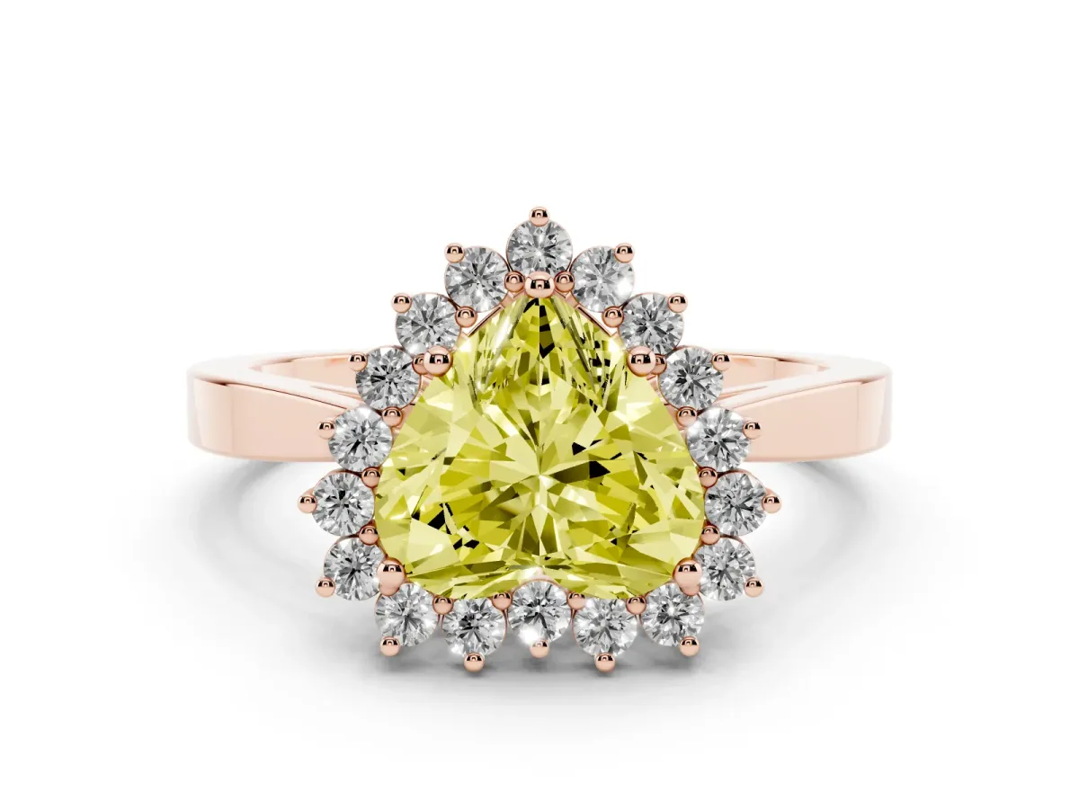 Fancy Yellow Heart Cut Cut Diamond Halo Ring with Round Brilliant Halo and Solitaire Band Rose gold