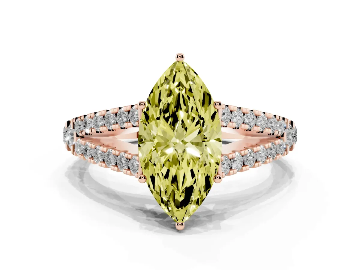 Fancy Yellow Marquise Cut Diamond Split Shank Engagement Ring with Round Pavé and Prong Setting Rose gold