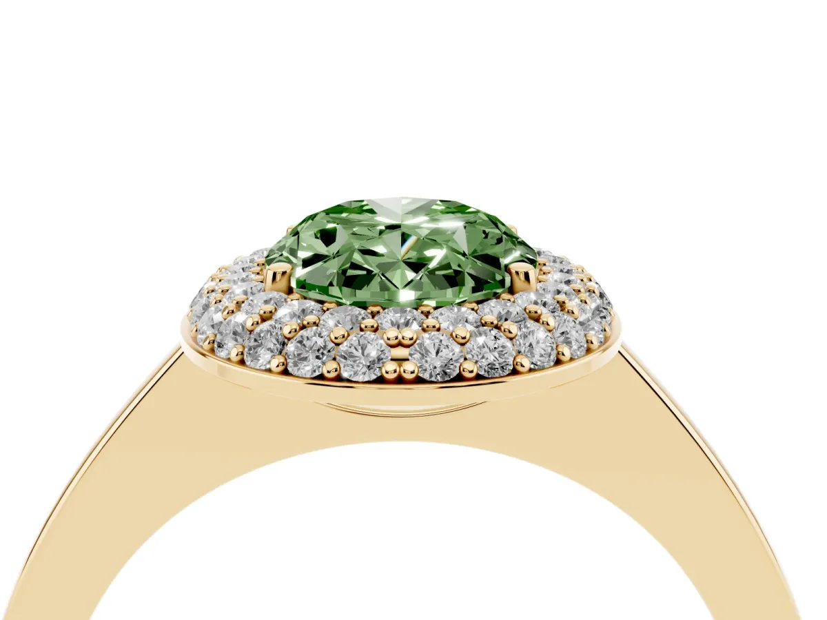 Fancy Green Oval Cut Halo Diamond Engagement Ring with Solitaire Band and Four-Prong Setting Yellow gold
