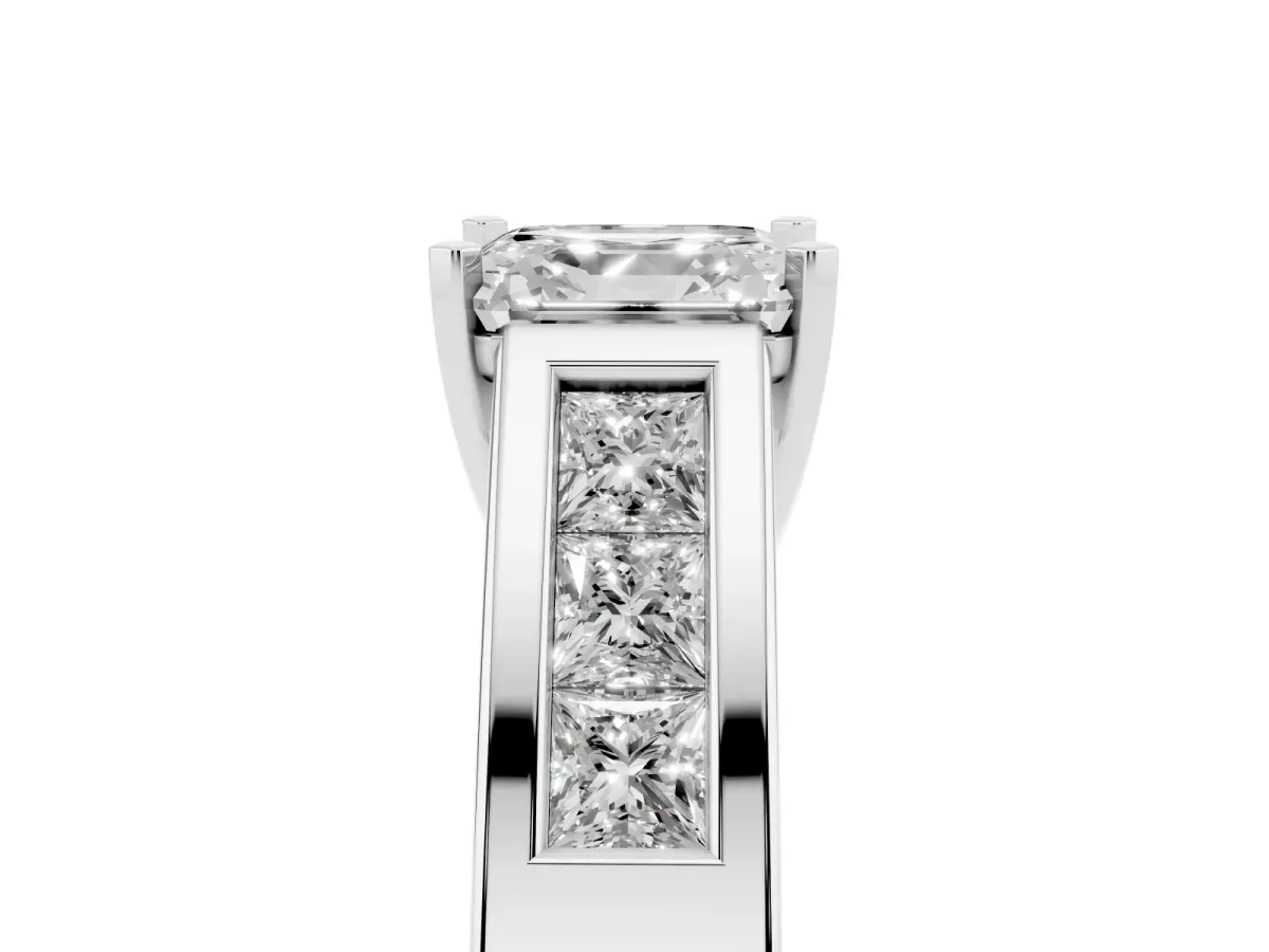 Asscher Cut Cut Channel Set Solitaire Ring with Four-Prong Setting Silver