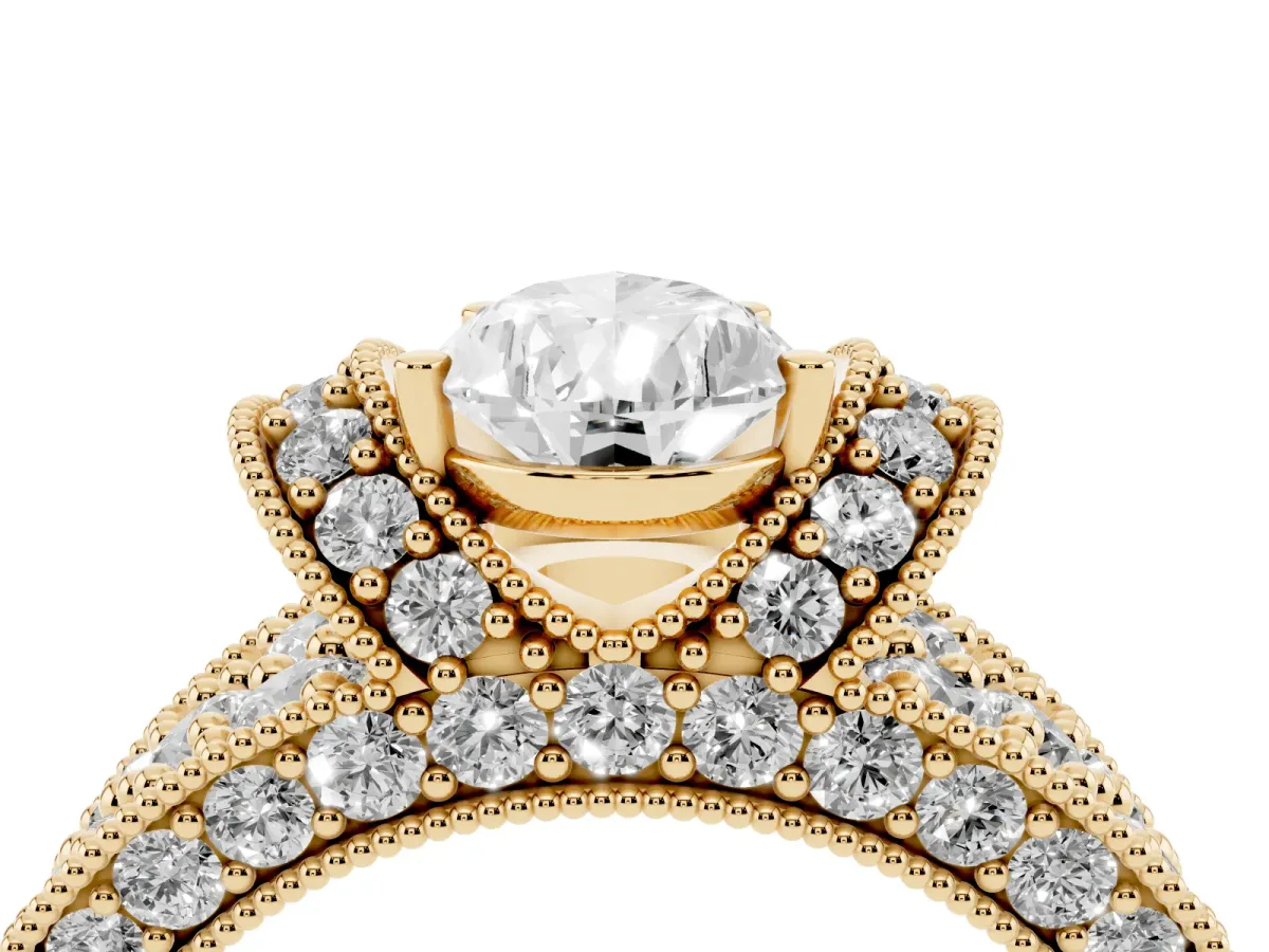 Pear Cut Halo Pave Diamond Engagement Ring with Milgrain Detailing Yellow gold