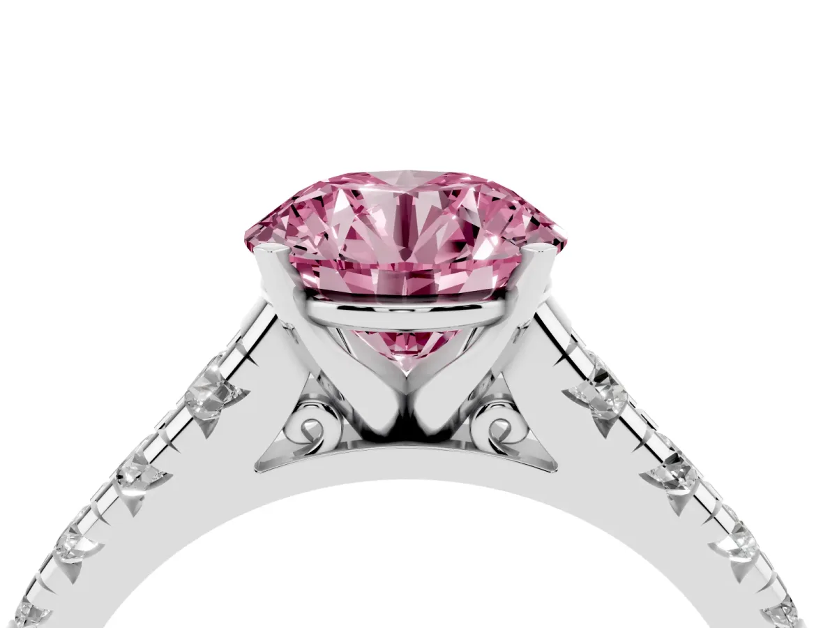 Fancy Pink Round Cut Diamond Cathedral Solitaire Ring with Round Pavé Band Silver