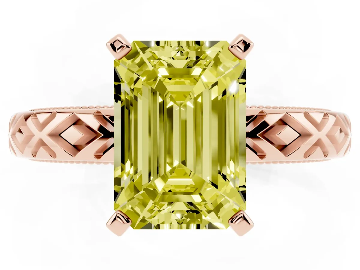 Fancy Yellow Emerald Cut Solitaire Diamond Ring with Milgrain and Black Enamel X Pattern Band Rose gold
