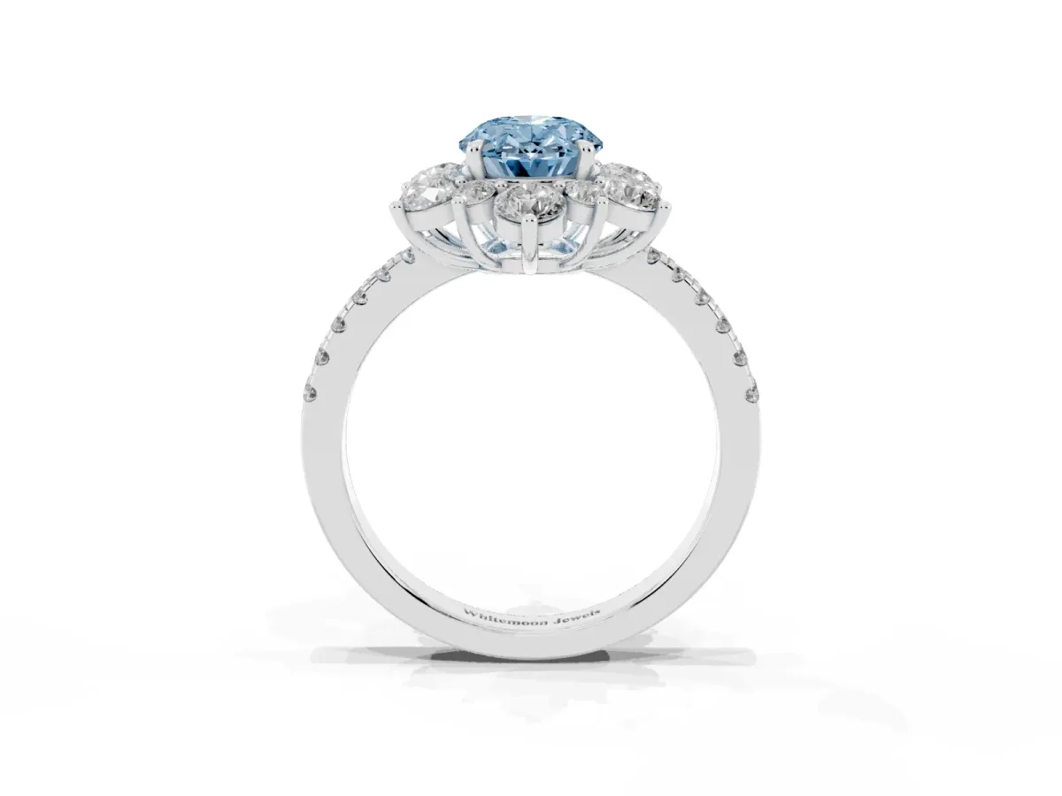 Fancy Blue Oval Cut Diamond Floral Halo Ring with Round Pavé Band and Prong Setting White gold