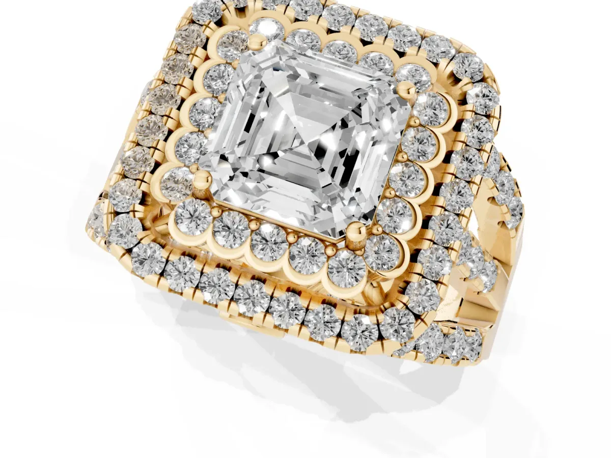Asscher Cut Diamond Double Halo Ring with Round Pavé Split Shank and Prong Setting Yellow gold