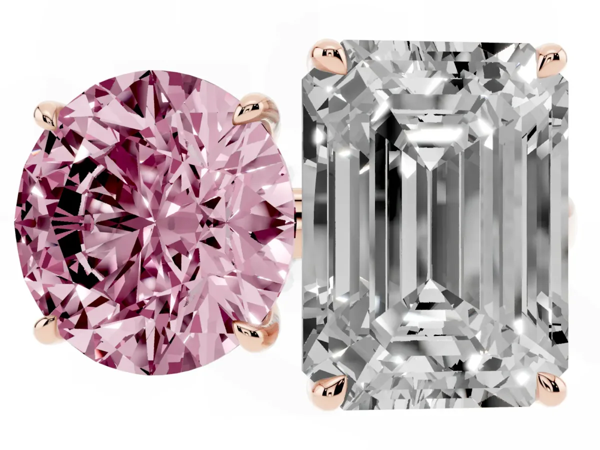Fancy Pink Round Cut and Emerald Cut Toi Moi Ring with Prong Setting Rose gold