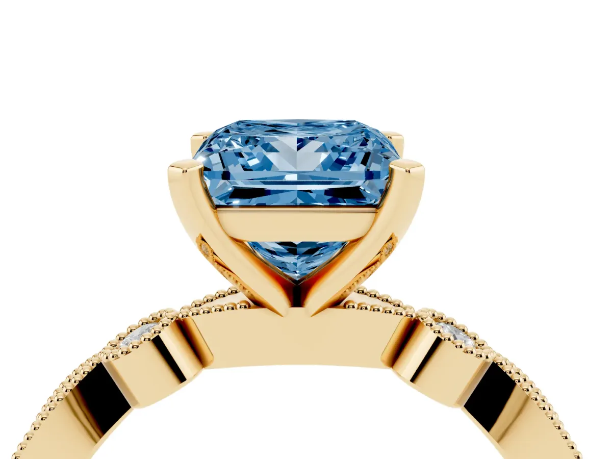 Fancy Blue Princess Cut Milgrain Bezel Diamond Engagement Ring with Solitaire Prong Setting Yellow gold