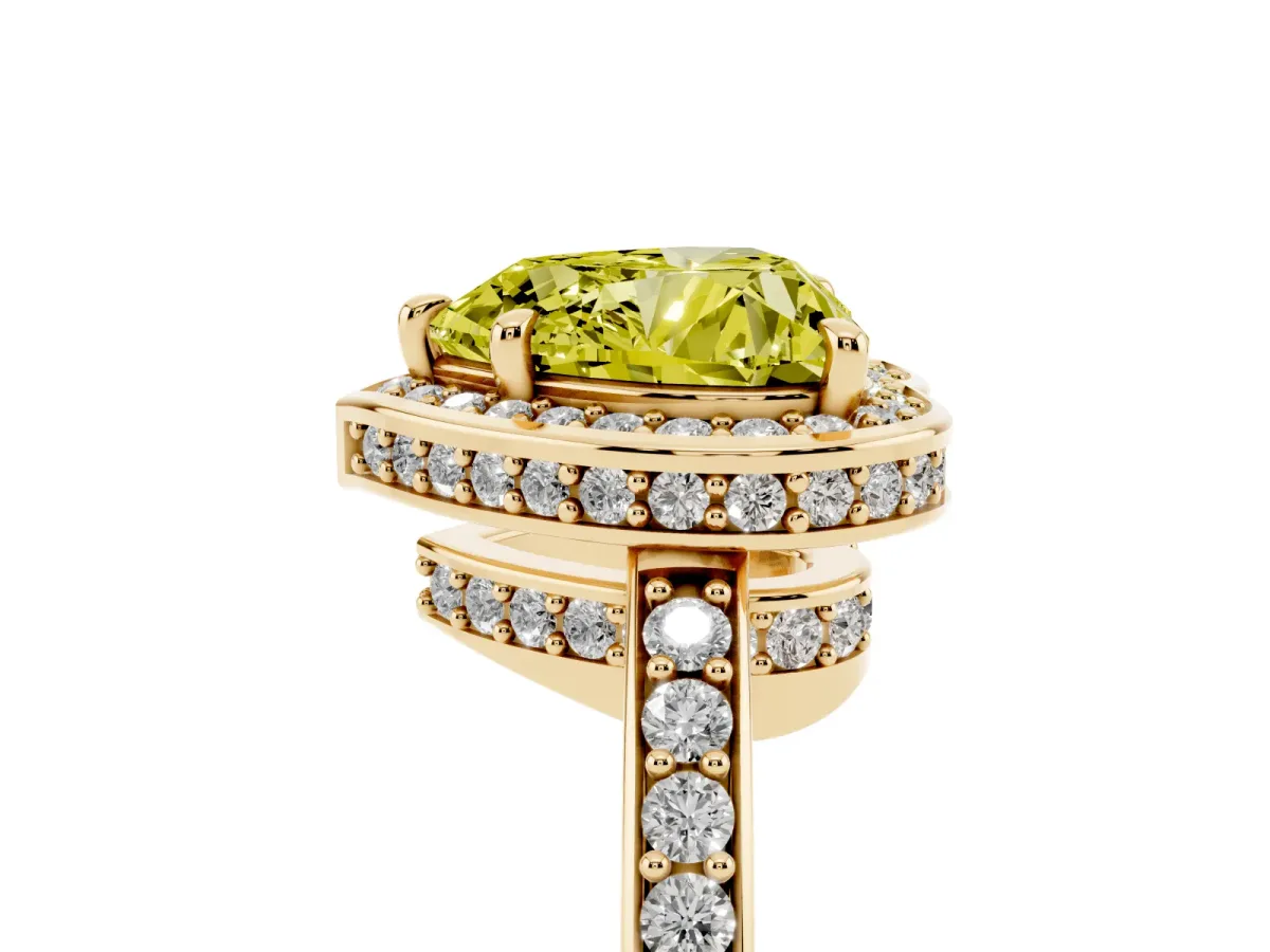Fancy Yellow Heart Cut Halo Pave Band Solitaire Ring with Prong Setting Yellow gold