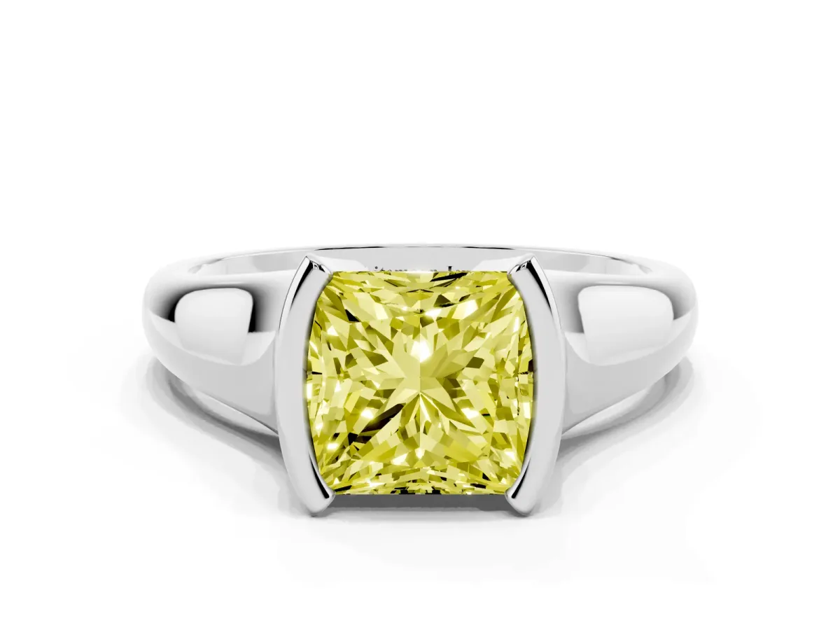 Fancy Yellow Princess Cut Solitaire Tension Set Diamond Ring with Split Shank Band Platinum