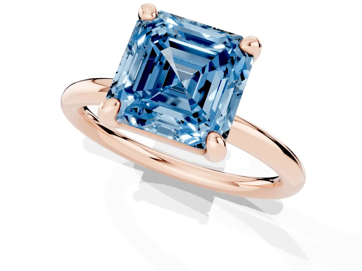 Fancy Blue Asscher Cut Solitaire Diamond Ring with Four-Prong Setting on a Plain Band Rose gold