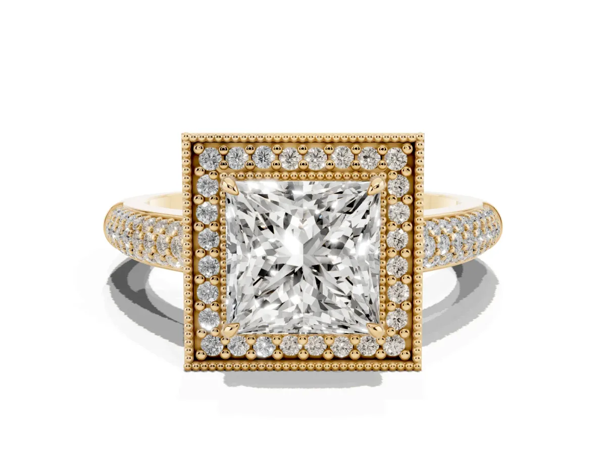 Princess Cut Cut Halo Diamond Pave Band with Four-Prong Setting Yellow gold